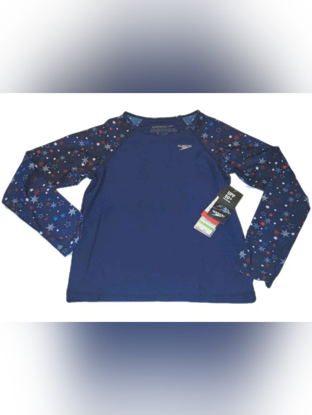 Speedo Girls Lg Rash Guard LS Swim Shirt UV UPF50+ Stars Red White Blue July 4th